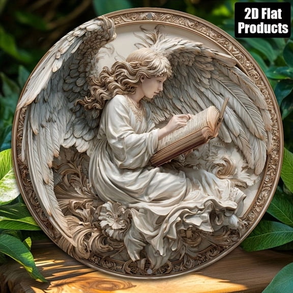 HELLOYOUNG 8x8in Round Aluminum Angel Reading Metal Sign Wall Decor, Rustproof Vintage Tin Art for Home Bar Cafe Office