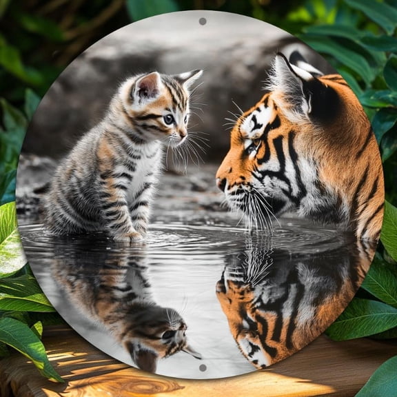 HELLOYOUNG 8x8in Round Aluminum Tin Sign Tiger Cat Design Metal Wall Art Retro Bar Kitchen Home Decor