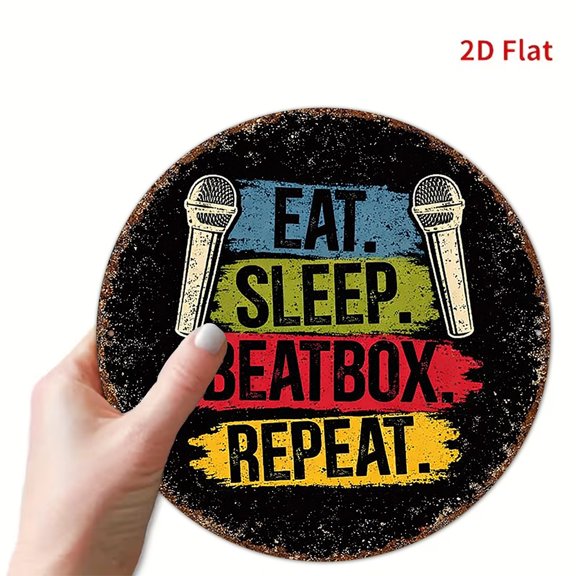 HELLOYOUNG 8x8in Round Metal Sign Eat Sleep Beatbox Repeat Retro Wall Decor for Music Room Bar Game Room Gift