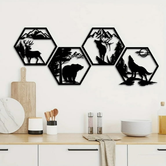 HELLOYOUNG 9.84 inch 4pcs Wild Animals Iron Art hook Metal Art Prints Classic Pattern Wall Hanging for Bedroom/Entryway Hide defects Add artistic beauty