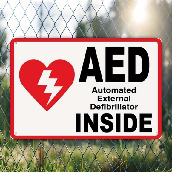 HELLOYOUNG AED Wall Sign 8x12 Inch Metal Warning Plate, First Aid Safety Sign Unframed for Office, Industrial Rustproof Plate with High Visibility