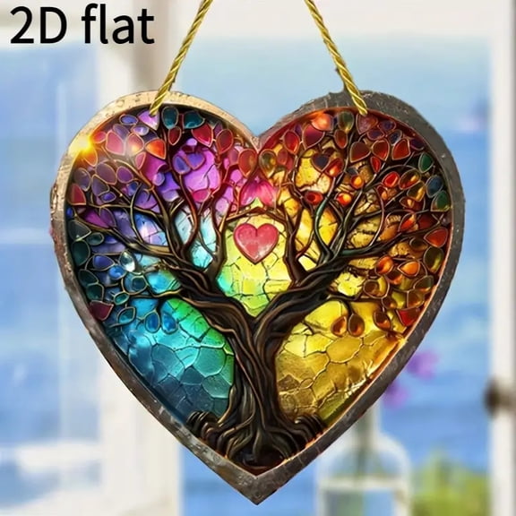 HELLOYOUNG Acrylic Sun Catchers Tree of Life Heart, Stained Glass Style Wall Window Hanging Decorations, Waterproof Scratch Resistant Art for Home Valentine's Gift