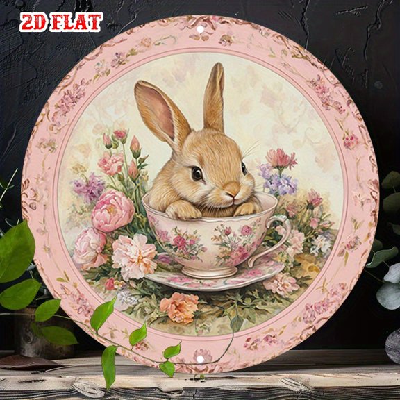 HELLOYOUNG Adorable Rabbit Floral Teacup Tin Sign 7.8x7.8in Frameless Aluminum Retro Metal Poster Wall Art Decor for Living Room Bedroom Kitchen