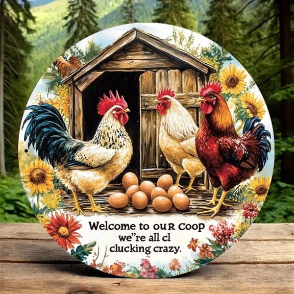 HELLOYOUNG Aesthetic Aluminum Rooster Wall Plaques & Signs Decor for Chicken Coops Round Metal Sign with Hen & Chicks for Farmhouse Home Dcor, Seasonal Holiday Ornament