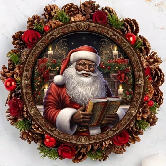 HELLOYOUNG African American Santa Claus Wreath Metal Sign - Black Santa Rustic Home Holiday Wall Decor, Durable Xmas Indoor Outdoor Art