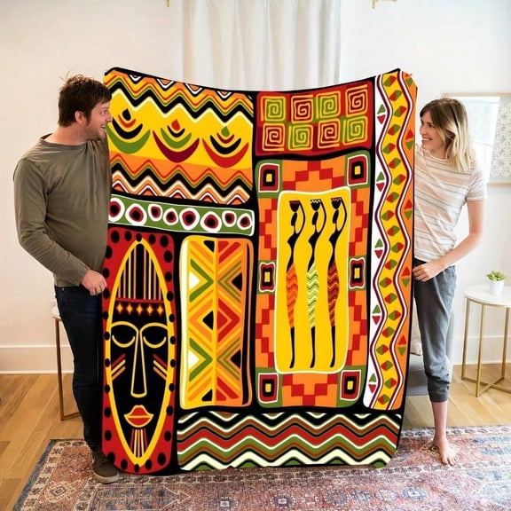 HELLOYOUNG African Flannel Blanket Vibrant Geometric Abstract Figures, Soft Warm Machine Washable Home Decor Camping Travel Gift