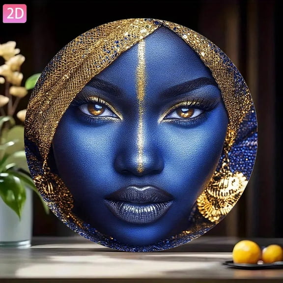 HELLOYOUNG African Goddess Metal Wall Art Blue Gold Accent Retro Decor Vintage Aluminum Sign for Home Living Room Bedroom Bar