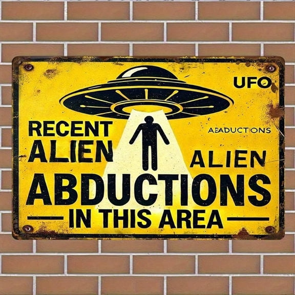 HELLOYOUNG Alien Abduction Joke Warning Sign Bright Yellow UFO Metal Poster Unique Home Wall Plaques & Signs Viral Trend 2024, Funny Outdoor Indoor Tin Sign for Garage Bar Man Cave