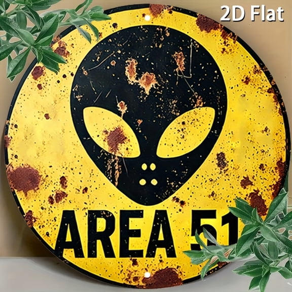 HELLOYOUNG Alien Warning Sign Retro Metal Wall Art 8x8 Inch, Round Aluminum Wall Decor for Home Bar Cafe, Vintage Space UFO Themed Poster