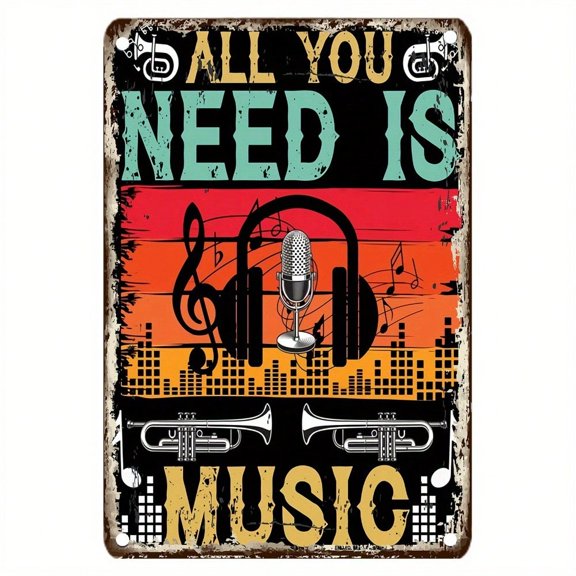 HELLOYOUNG All You Need Is Music Tin Sign Retro Metal Wall Art Vintage Microphone Headphone Decor for Bedroom Man Cave 12x8 Inch