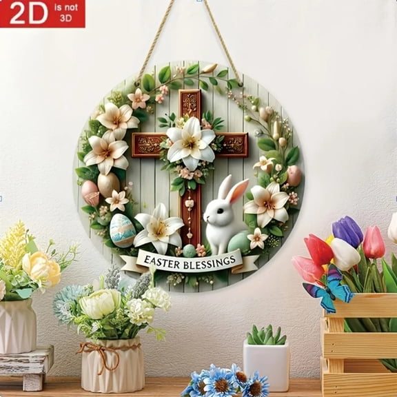 HELLOYOUNG Aluminum Metal Easter Welcome Sign Round Wall Art Rabbit Daffodils Farmhouse Decor Easter Bunny Decorative Plaque