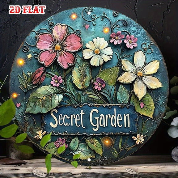 HELLOYOUNG Aluminum Metal Sign 7.87x7.87 Inch Secret Garden Retro Wall Decor Round Glow Flower Leaf Art Plate for Home Office Cafe
