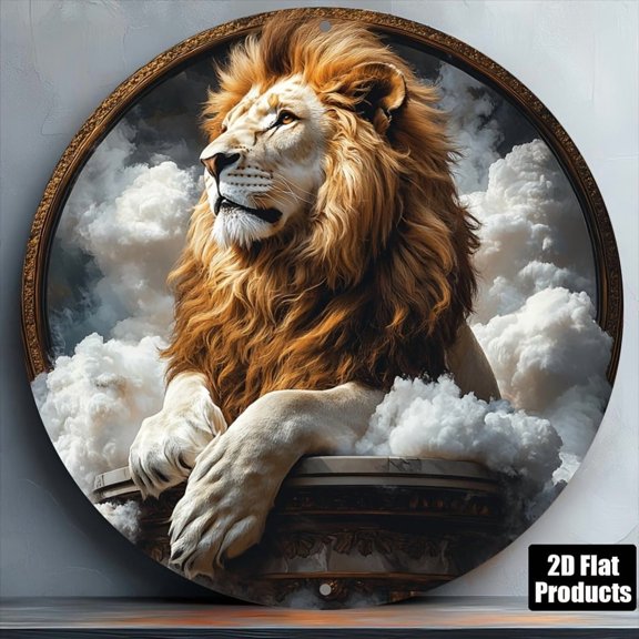 HELLOYOUNG Aluminum Metal Wall Pediment, Majestic Lion on Clouds Round Hanging Sign