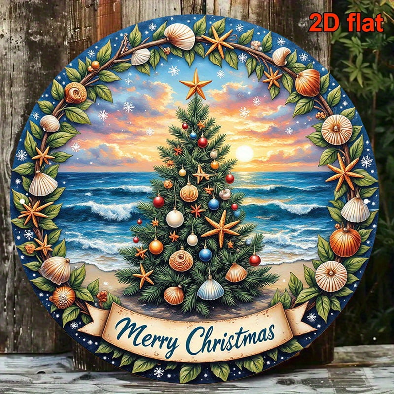 HELLOYOUNG Aluminum Round Beach Christmas Tree Sign, Coastal Xmas Wall ...