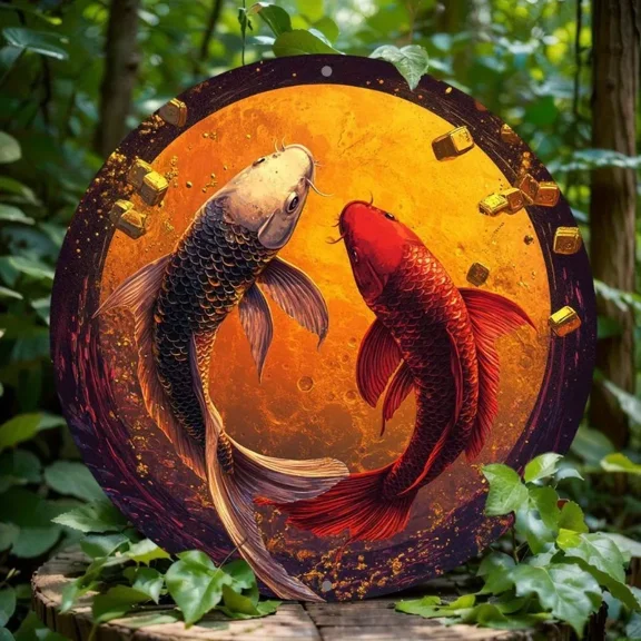 HELLOYOUNG Aluminum Round Koi Fish Art Sign, 2D Flat Printed Metal Wall Decor for Kitchen, Home, Living Room, Office, Party Decoration