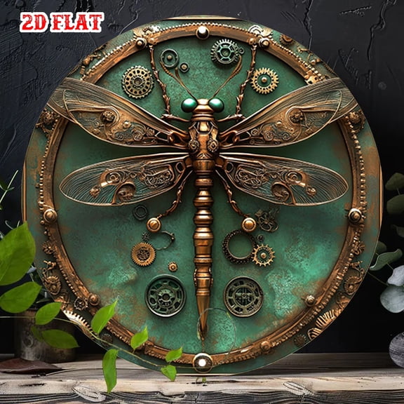 HELLOYOUNG Aluminum Steampunk Dragonfly Wall Art Teal Green Bronze Gear Decor Lightweight Metal Sign for Home Garage
