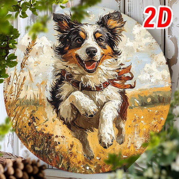 HELLOYOUNG Aluminum Wall Art 2D Flat Dancing Australian Shepherd Round 8x8 Inch UV-Resistant Durable Metal Decor for Home Office