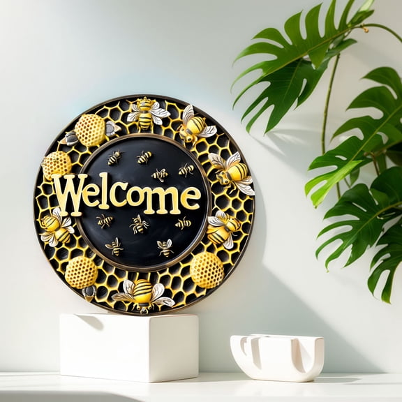 HELLOYOUNG Aluminum Welcome Sign Bee Design Gold Letters Honeycomb Pattern Rustic Wall Decor for Home Office Cafe Indoor Outdoor