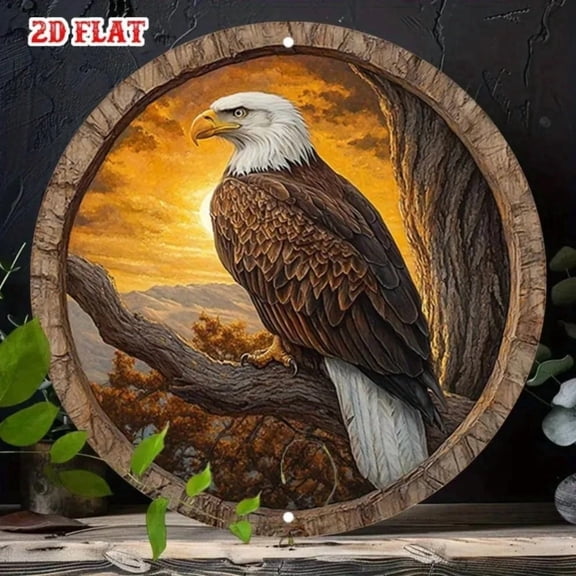 HELLOYOUNG American Eagle Rustic Metal Wall Art National Bird Aluminum Sign Tin Decor Sunset Round Patriotic Outdoor Home Decor