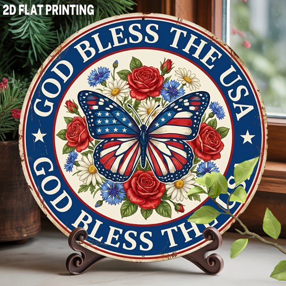 HELLOYOUNG American Flag Butterfly Rose Daisy Metal Sign 8x8 Inch, Rustproof Wall Decor for Home Garden Garage Man Cave, Inspirational Gift Idea