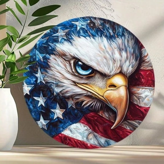 HELLOYOUNG American Flag Eagle Aluminum Round Sign 8x8 Inch, 2D Plane Design Wall Art for Office Home Decor, Fall Halloween Christmas Gift