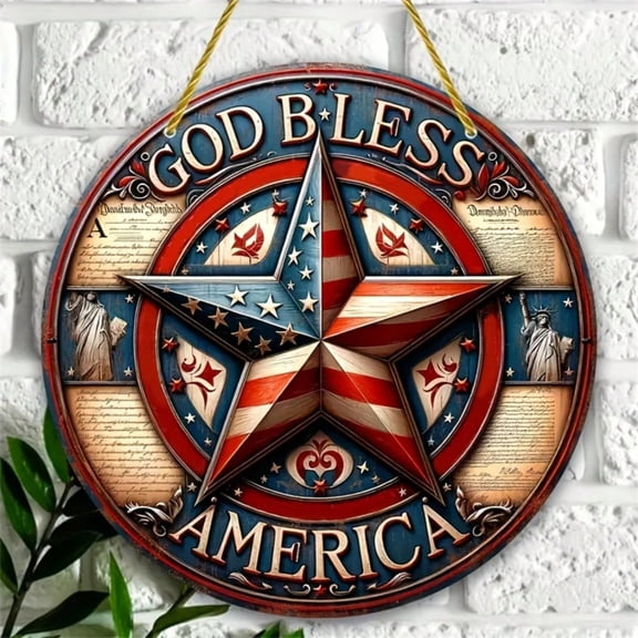 HELLOYOUNG American Flag Pentagram Round Sign, Patriotic Metal Wall Art for Home, Eye-Catching Yard & Door Decor, 1pc