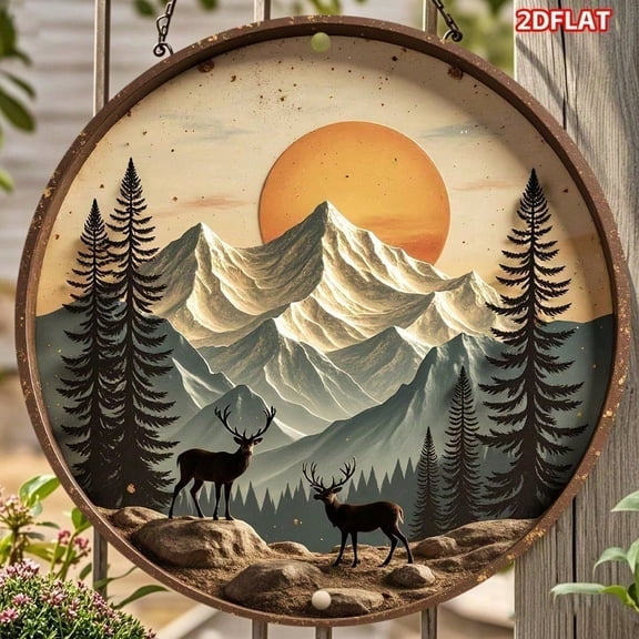 HELLOYOUNG American Mountain Deer Forest Metal Wall Art, 8 Inch Round Pine Tree Silhouette Decor, Rustic Cabin Living Room Bedroom Office Wall Decor