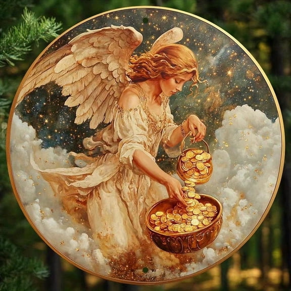 HELLOYOUNG Angel Of Wealth Retro Metal Sign Flat Gold Accent Wall Decor For Home Office Thanksgiving Party 8-Inch Aluminum Painted Decorative Board Sign