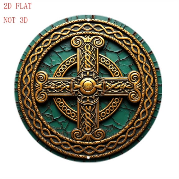 HELLOYOUNG Antique Celtic Cross Metal Wall Decor 8 Inch Round Vintage Wall Art, Green Gold Celtic Knot Sign with Hooks for Home Bar Kitchen