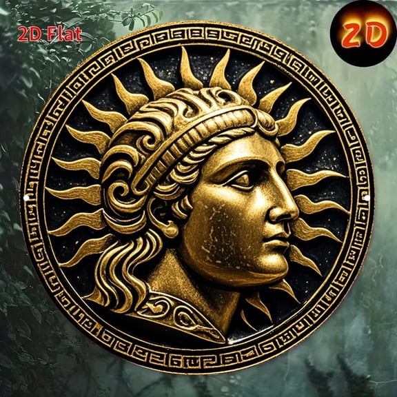 HELLOYOUNG Antique Greek Key Metal Wall Art - Apollo Sun God Gold & Black Round Aluminum Sign, 8x8 Inch Roman Decor with Hanging Holes
