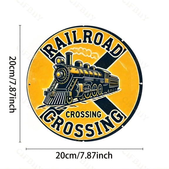 HELLOYOUNG Antique Train Railroad Crossing Sign, 8x8 Inch Circular Aluminum Rustic Wall Art, Reusable Metal Decor for Home Kitchen Restaurant Bedroom Garden Garage Office, Easy To Hang