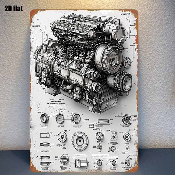 HELLOYOUNG Automotive Engine Blueprint Metal Tin Sign, Garage Wall Art Decor for Man Cave, Bar, Home, Office Rustic Vintage Look
