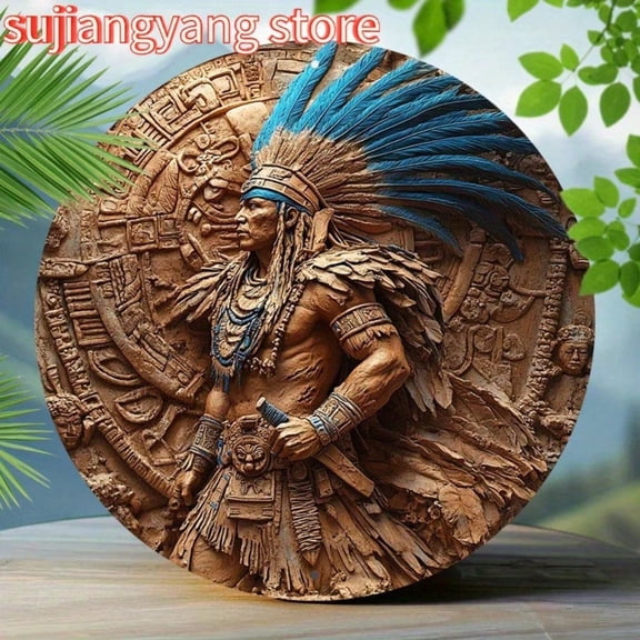 HELLOYOUNG Aztec Warrior Metal Wall Art 8x8 Inch Round Aluminum Sign Waterproof Home Decor for Man Cave Bar Garage Indoor Outdoor