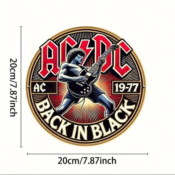 HELLOYOUNG "Back in Black" 8x8" Round Metal Wall Art - Durable Rock Band Sign for Kitchen, Bar, Dining Room Decor, Unique Design, Easy To Hang