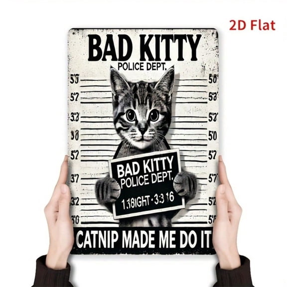 HELLOYOUNG Bad Kitty Vintage Metal Sign, Playful Cat Wall Decor 8x12 Inch Retro Tin Plate for Home Garden Bar Cafe, Unique Housewarming Gift