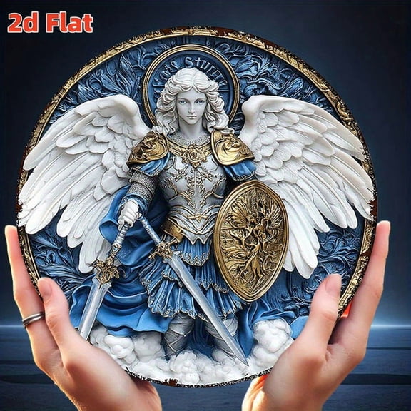HELLOYOUNG Baroque Angel Shield Plaque Blue Religious Wall Decor, Heavy Duty Aluminum Round Sculpture, Christian Ornament for Church Home Prayer Room