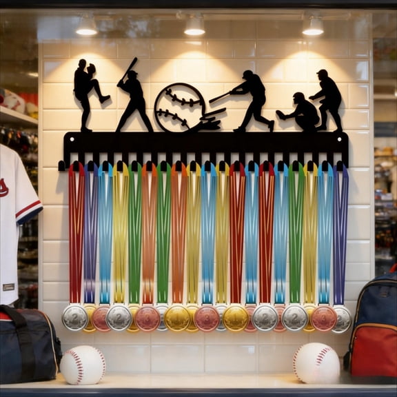 HELLOYOUNG Baseball Trophy Organizer 20 Heavy Duty Metal Hooks for Baseball Fans Wall Mounted Display Rack for Medals Ribbons Lanyards Space Saving Award Holder for Bedroom Office Sports Team