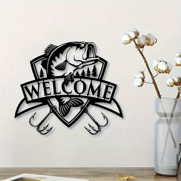HELLOYOUNG Bass Fishing Metal Welcome Sign, Rustic Iron Wall Art for Cabin Porch, Unique Fishermen Gift Hanging Plaque Decor, 1PC