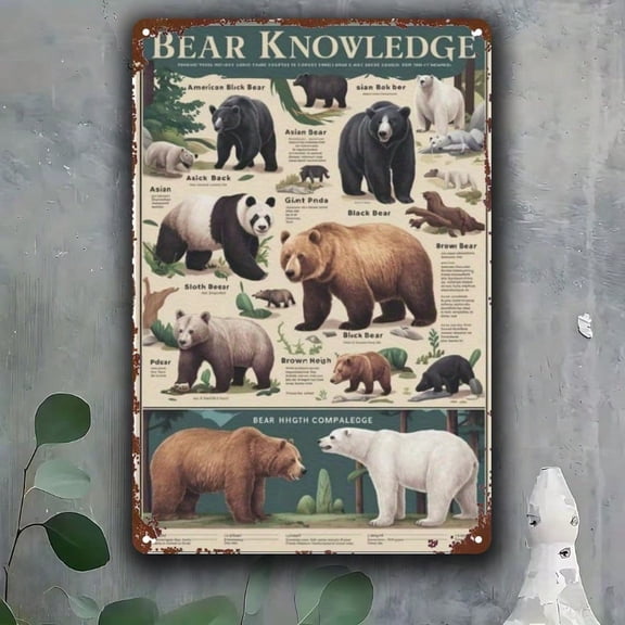 HELLOYOUNG Bear Metal Sign Wall Art 8x12 Inch Rustic Wildlife Chart Featuring Black Brown Polar Asiatic Bear Knowledge Tin Sign
