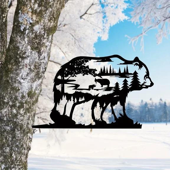 HELLOYOUNG Bear Wall Art Metal Forest Silhouette Sculpture Rustic Cabin Decor Farmhouse Black Decor for Living Room