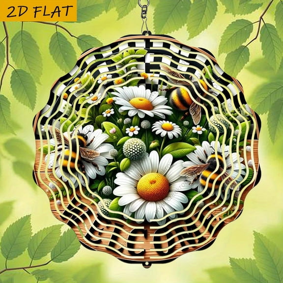 HELLOYOUNG Bee Daisy Flower Wind Spinner Metal Wall Art 360 Rotating Hanging Decor with Chain Garden Patio Balcony Spring Summer Outdoor Ornament