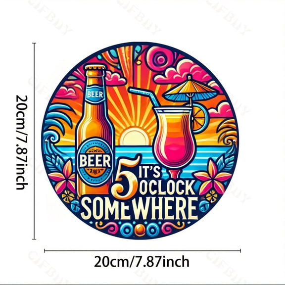 HELLOYOUNG Beer Cocktail Time 8x8 Inch Round Aluminum Sign, Durable Metal Wall Art for Home Kitchen Bar Living Room Bedroom Bathroom Garden Garage Office Decor, Novelty Housewarming Gift