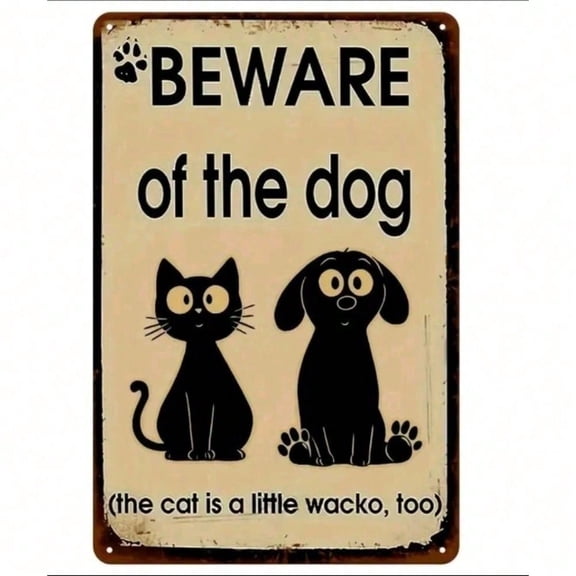 HELLOYOUNG Beware of Dog Cat Metal Sign 8x12 Inch Rustic Iron Wall Decor, Novelty Pet Warning Plaque for Home Garden, Cute Animal Farmhouse Wall Art