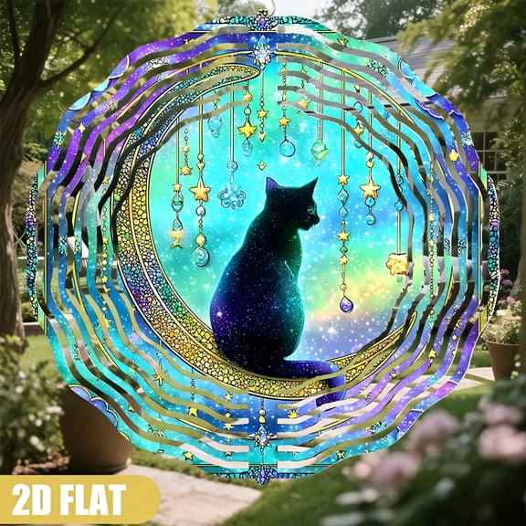 HELLOYOUNG Black Cat Moon Wind Chime, Pop Art Mystical Night Sky Stars Crystal Sun Catcher, Garden Patio Balcony Decor, Cat Lover Gift, Spinning Pendant