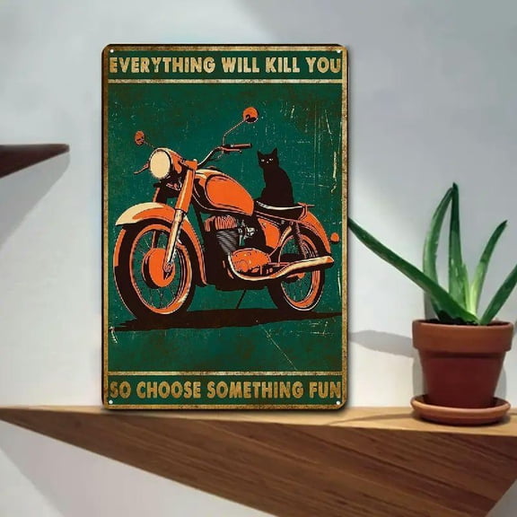 HELLOYOUNG Black Cat Motorcycle Tin Sign 12x8 Inch Retro Wall Decor, Funny Quote Art for Bar Cafe Home Kitchen, Vintage Metal Poster