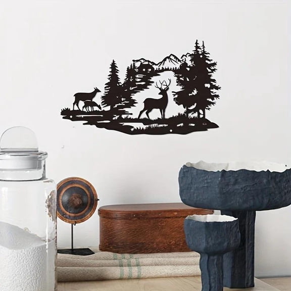 HELLOYOUNG Black Elk Forest Silhouette Sculpture Iron Wall Art Deer Forest Metal Decor, Modern Minimalist Hanging Ornament for Christmas Entryway, Rustic Home Decoration Gift