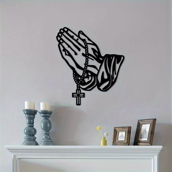 HELLOYOUNG Black Iron Praying Hands Wall Cross, Religious Rosary Wall Art Decor, Christian Faith Wall Hanging Ornament for Home Living Room Church Gift