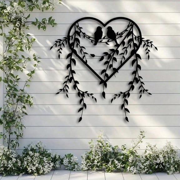 HELLOYOUNG Black Metal Heart Wall Art with Birds Ivy Romantic Rustproof Outdoor Metal Sign for Bedroom Porch Garden Hanging Decor