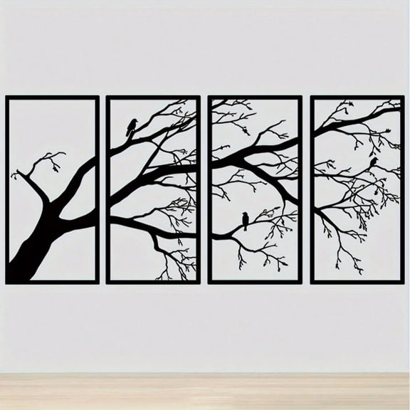 HELLOYOUNG Black Metal Tree of Life Wall Art Set of 4 - Bird Silhouette Sculpture with Sturdy Branches Symmetrical Vertical Panels for Indoor Outdoor Gothic Modern Decor Housewarming