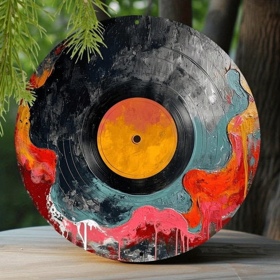 HELLOYOUNG Black Vinyl Record Metal Wall Art, 8 Inch Round Weather-Resistant Decorative Plaque, High Definition Print, Pre-Drilled Holes, No Electricity, Ideal for Home Entryway Thanksgiving Decor
